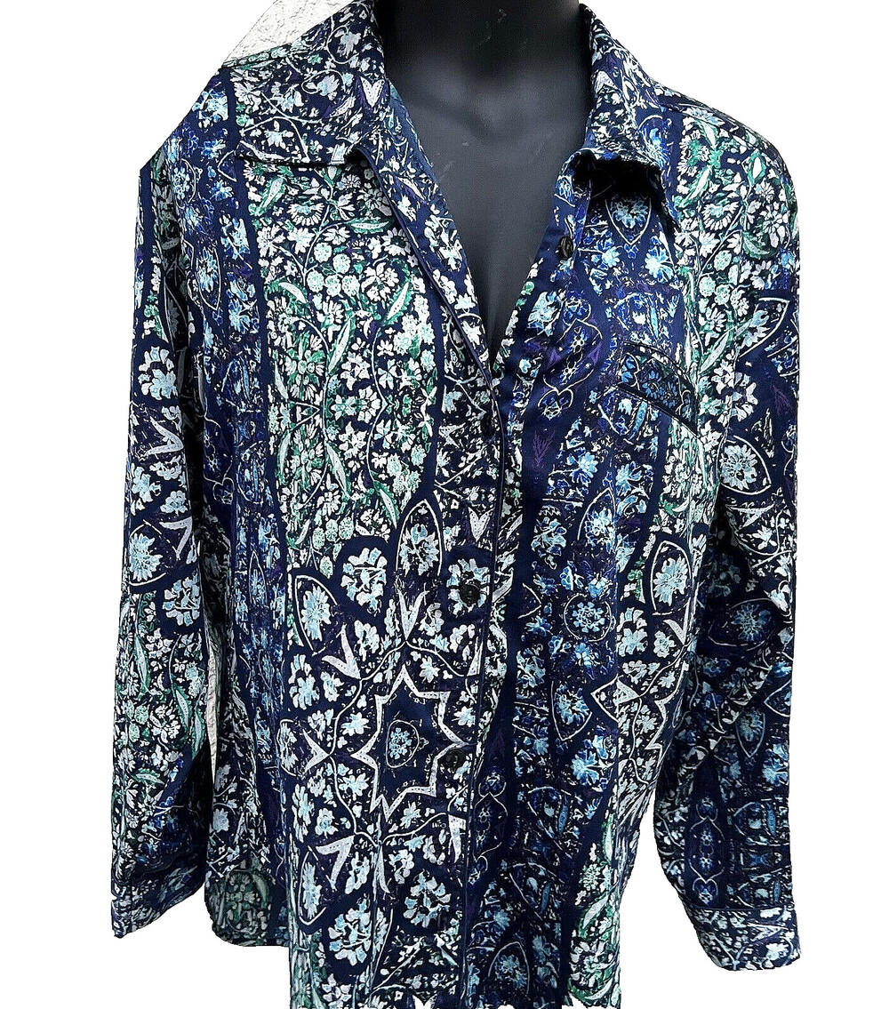Victoria's Secret - Blue Green White Satin Button Up Sleep Pajama Shirt M - Picture 8 of 14